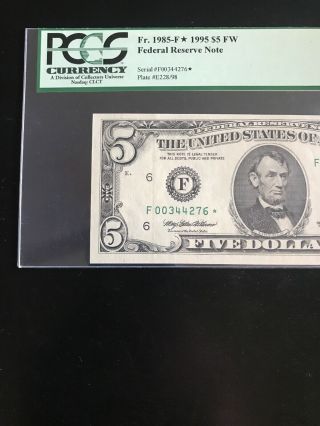1995 $5 Federal Reserve Star Note Fr.  1985 - F,  Pcgs 63 Ppq,  Tough Star Note