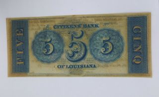 USA 5 Dollars Cinq Citizens Bank of Orleans Louisiana - - Obsolete Bill 2