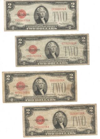 Qty.  4 - 1928 $2 2 Dollar United States Notes - Red Seals -