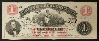 May 15,  1862 $1 Virginia Treasury Note Hand Signed And Numbered 3 " X 7.  25 "