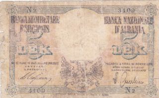 5 Lek Vg - Banknote From Italian Occupied Albania 1940 Pick - 10