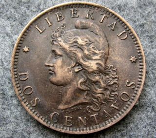 Argentina 1890 Dos 2 Centavos,  Liberty Head,  Bronze