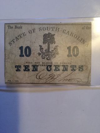 Confederate State Bank Of South Carolina Ten Cent Note 1863