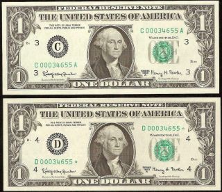 2 MATCHING SN 34655 UNC 1963A $1 DOLLAR FEDERAL RESERVE NOTES Fr 1901 - C D STAR 2