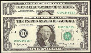 2 MATCHING SN 34655 UNC 1963A $1 DOLLAR FEDERAL RESERVE NOTES Fr 1901 - C D STAR 4