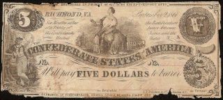 1861 $5 Dollar Bill Confederate States Currency Civil War Note Paper Money T - 36