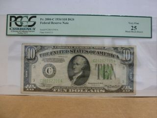 Fr.  2004 - C $10.  1934 Federal Reserve Note Philadelphia C - A Block Pcgs Vf25