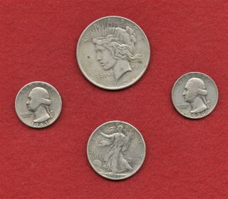 Us 90 Silver Coins 1 - 1926 - D Peace Dollar 1 - Walker Half,  2 - Silver Quarters