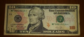 2013 $10 Dollar Bill Star Note Low Serial Mf00015214