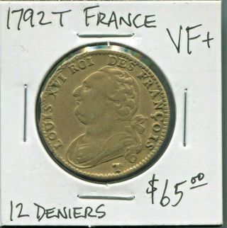France - Historical Louis Xvi Bronze 12 Deniers,  1792 T,  Km 600.  15