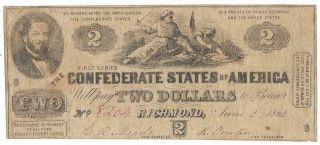 Confederate States Of America $2.  00 Bank Note,  T - 42,  Cr334,  Plt 8,  Vgood Circ
