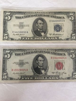 2 1953 $5 Federal Reserve Bills Red Seal & Silver Certificate Unc
