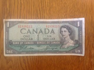 1954 Canada $1 Dollar Banknote Bank Of Canada Circulated