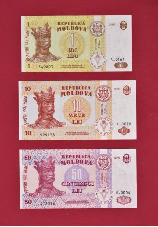 3 Moldova Unc Notes: 1 Leu 2006 P - 8,  10 Lei 2006 P - 10,  & 50 Lei 2002 (rare Year)