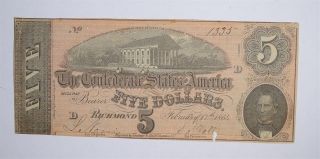 Civil War 1864 $5.  00 Confederate States Horse Blanket Note 681