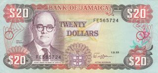 20 Dollars Very Fine,  Crispy Banknote From Jamaica 1989 Pick - 72c