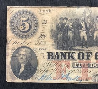 1853 South Carolina Bank Of Chester $5 Bank Note Currency 6