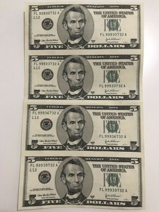 2003 A Us $5 Five Dollar Uncut Sheet Of 4 Federal Reserve Bank Notes