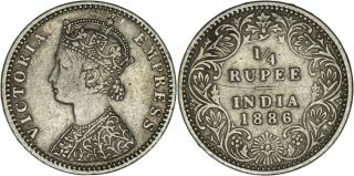India: 1/4 Rupee Silver 1886 B Raised Vf -