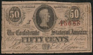 1863 50 Cent Confederate States Of America Fractional Note S/hafter 1stitem
