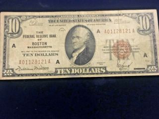1929 $10 Dollar Us National Currency Federal Reserve Bank Of Boston