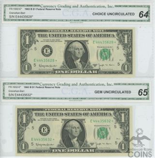 Set Of 2: 1963 B $1 Federal Reserve Note Uncirculated 65 & 64 Star Notes