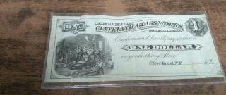 Cleveland Glass Factory,  Cleveland,  Ny Oswego County,  One Dollar,  1870s Scrip.