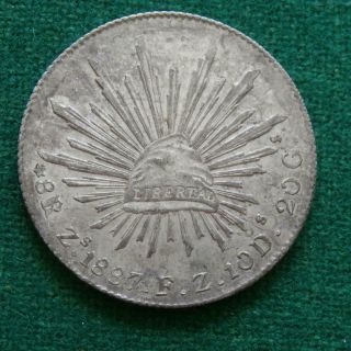 1887 Mexico Silver 8 Reales Mexican Zs Fz Zacatecas Coin Caps & Rays Au