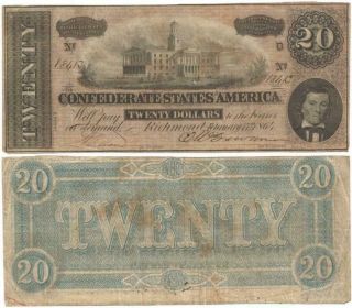 1864 Confederate States $20 Note Type 67 With 2 Flourishes,  Series 3,  Civil War