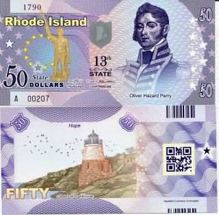 United State Usa.  50 Dollars 2015 Polymer 13th State Rhode Island Ri Unc