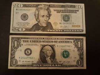 2013 $20 Twenty Dollar Bill Star Note U.  S.  Currency Ml 05614044 & $1 One Star
