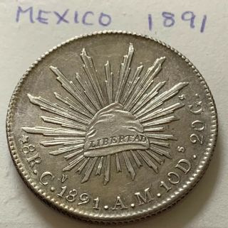 Mexico 1891 - Cn Am Silver 8 Reales A.  Unc Cleaned