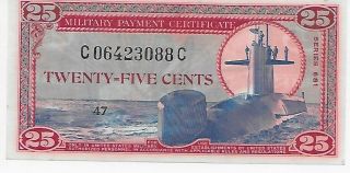 Authentic Military Payment Certificate Series 681 25 Cents Uncirculated
