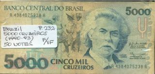 Brazil Bundle 50 Notes 5000 Cruzeiros (1990 - 93) P 232 F/vf