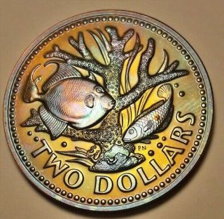 1979 Barbados Two Dollars Bu Unc Color Toned Coin