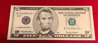 1999 $5 Star Note Five Dollar Bill (kansas City “ J “) Uncirculated