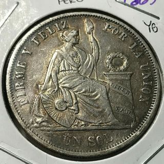 1865 Yb Peru Silver Un Sol Crown Coin