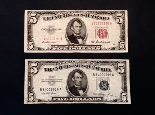 1953 Series $5 Dollar Red Seal & Blue Seal Silver Certificate Us Notes