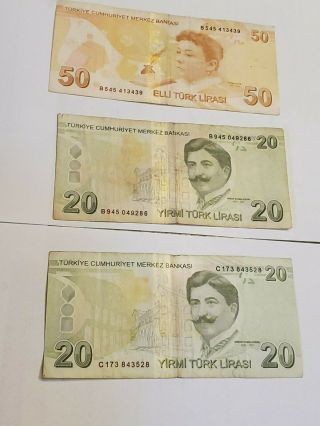 (3) Turkish lira Notes total FV 90 Liras 5