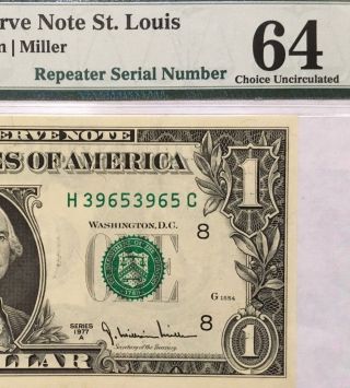 1977a $1 St Louis Frn Pmg Choice Uncirculated 64 Banknote Repeater Serial Number