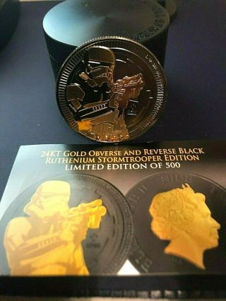 2018 Niue 1oz Silver Coin " Storm Trooper " 24k Gold Blk Ruthenium Stand Cap