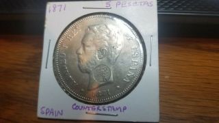 1871 Spain 5 Pesetas Silver Coin With A Gp Counterstamp.  Don 