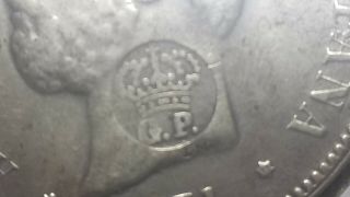 1871 Spain 5 Pesetas Silver Coin with a GP Counterstamp.  Don ' t know what it is. 3