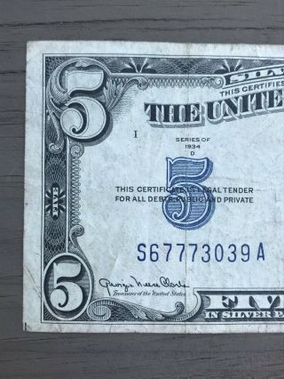 Series of 1934 D $5 Silver Certificate; circulated five dollar note 2
