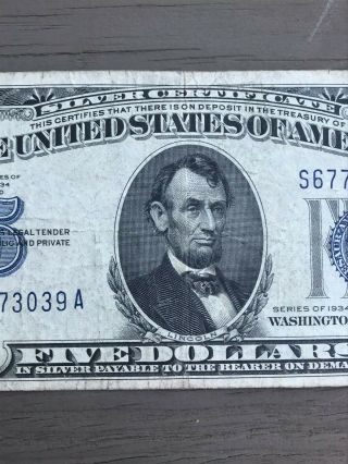 Series of 1934 D $5 Silver Certificate; circulated five dollar note 3
