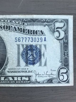 Series of 1934 D $5 Silver Certificate; circulated five dollar note 4