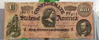 T - 65 1864 $100 Confederate State Of America One Hundred Dollars Civil War Note