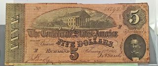 February 17,  1864 $5 Confederate States Of America Five Dollars Richmond T - 69 03