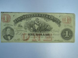 1862 $1 Virginia Treasury Note Obsolete Currency Cu057/bn