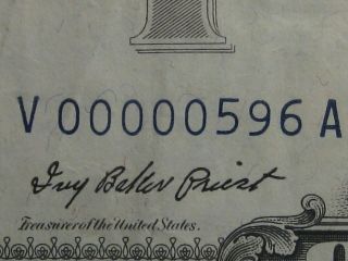 1957 " Fancy " Serial Number 3 Digit Silver Certificate.  V00000596a.  24